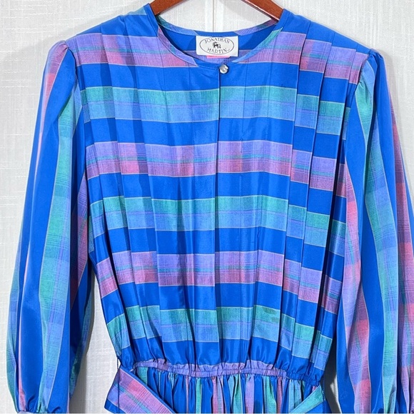 Vintage 80’s Jonathan Martin Pleated Button Striped Belted Dress Size 11/12 - Picture 2 of 15